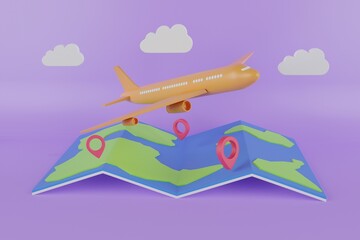 Travel by plane creative concept.3D rendering pin map and suitcase with flight plane travel tourism plane trip planning world tour luggage