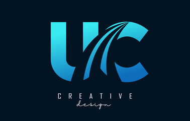 Creative blue letters UC u c logo with leading lines and road concept design. Letters with geometric design.