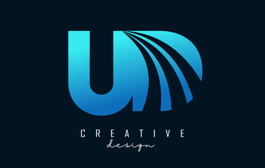 Creative blue letters UD u d logo with leading lines and road concept design. Letters with geometric design.