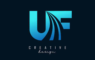 Creative blue letters UF u f logo with leading lines and road concept design. Letters with geometric design.