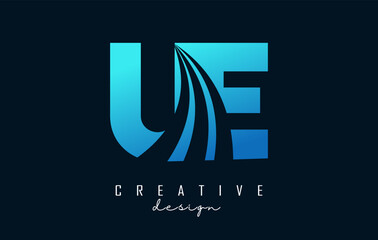 Creative blue letters UE u e logo with leading lines and road concept design. Letters with geometric design.
