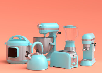 Electric kitchen appliances and utensils for making breakfast on coral