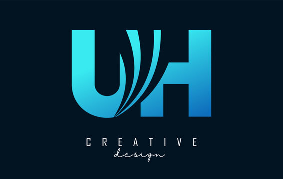 Creative blue letters UH u h logo with leading lines and road concept design. Letters with geometric design.