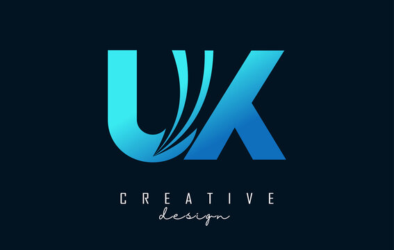 Creative blue letters UX u xlogo with leading lines and road concept design. Letters with geometric design.