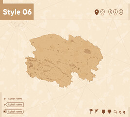 Qinghai, China - map in vintage style, retro style map, sepia, vintage. Vector map.