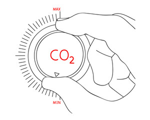 Hand turn knob for reduce levels of CO2. Lower CO2 emissions to limit global warming and climate change. Concept to reduce levels of CO2. Editable hand drawn contour. Vector