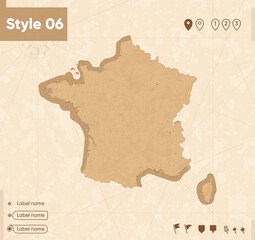 France - map in vintage style, retro style map, sepia, vintage. Vector map.