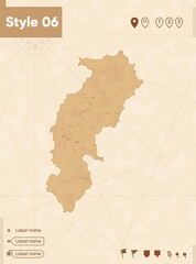 Chhattisgarh, India - map in vintage style, retro style map, sepia, vintage. Vector map.