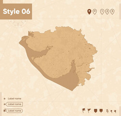 Gujarat, India - map in vintage style, retro style map, sepia, vintage. Vector map.