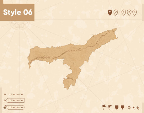 Assam, India - map in vintage style, retro style map, sepia, vintage. Vector map.