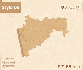 Maharashtra, India - map in vintage style, retro style map, sepia, vintage. Vector map.
