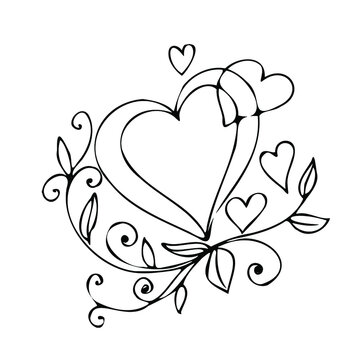 Heart flowers and an envelope. Doodle style.black and white line drawings.Tattoo illustration.Hand drawn flower and leaf elements doodle