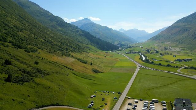 Road to Realp and Furka Pass Mountain Road in Switzerland from above