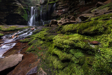 Mossy rock structures in the small gorge at Elakala Falls in Blackwater Falls State Park, West Virginia. - obrazy, fototapety, plakaty