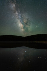 The Milky Way reflects in Spruce Knob Lake as the dark sky reveals the the faint green air glow high in the atmosphere.