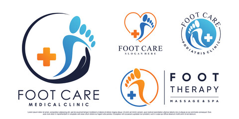 Set collection of foot care medical logo design with hand and creative element Premium Vector