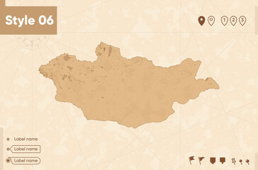 Mongolia - map in vintage style, retro style map, sepia, vintage. Vector map.