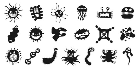 Microorganism virus vector cartoon bacteria germ character set. Bacterium illness infection collection microbiology illustration. Microbe pathogen monster organism black and white vector illustration