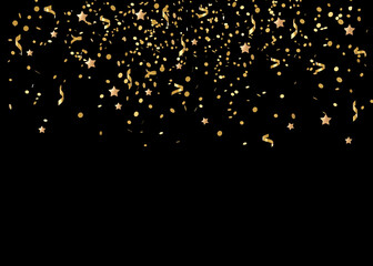 Falling golden glitter confetti isolated on black background. Shiny particles. Party, Merry Christmas, Happy New year decoration. 3D rendering.