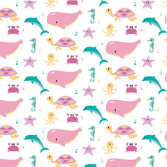 Sea life marine fish and animals flat cartoon illustration template. Dolphins and whales, sharks and octopuses, jellyfish and seahorses. Set of cute animals icons isolated on white background.