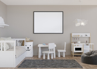 Empty horizontal picture frame on light gray wall in modern child room. Mock up interior in scandinavian style. Free, copy space for picture. Bed, toys. Cozy room for kids. 3D rendering.