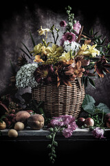 Photo still life flowers in a basket and peaches