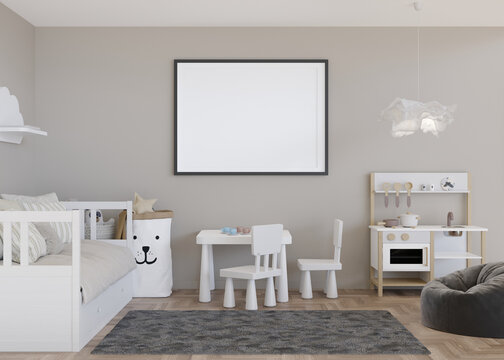 Empty horizontal picture frame on light gray wall in modern child room. Mock up interior in scandinavian style. Free, copy space for picture. Bed, toys. Cozy room for kids. 3D rendering.