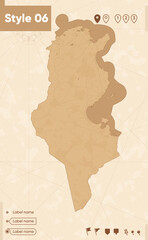Tunisia - map in vintage style, retro style map, sepia, vintage. Vector map.