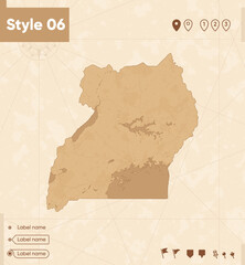Uganda - map in vintage style, retro style map, sepia, vintage. Vector map.