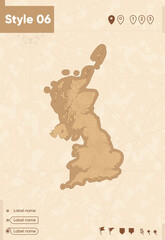 United Kingdom - map in vintage style, retro style map, sepia, vintage. Vector map.