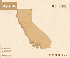 California, USA - map in vintage style, retro style map, sepia, vintage. Vector map.