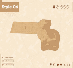 Massachusetts, USA - map in vintage style, retro style map, sepia, vintage. Vector map.