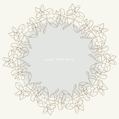 Round frame, template for text. Design for a postcard. Hand-drawn plant, elegant outline drawing. Botanical vector illustration. Beautiful flowers, lily. Rounded abstract background, pastel colors.