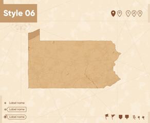 Pennsylvania, USA - map in vintage style, retro style map, sepia, vintage. Vector map.