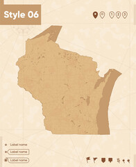 Wisconsin, USA - map in vintage style, retro style map, sepia, vintage. Vector map.