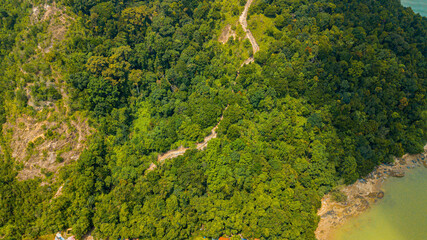 Fototapeta premium Aerial drone view of a famous hiking hilltop in Pantai Marina Telaga Simpul, Kemaman, Terengganu, Malaysia.