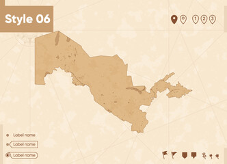 Uzbekistan - map in vintage style, retro style map, sepia, vintage. Vector map.