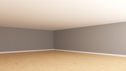 Corner of the Room with Gray Walls, White Ceiling, Light Parquet Flooring and a White Plinth. Unfurnished Empty Interior. Perspective View. 3D Rendering, Ultra HD 8K, 7680x4320, 300 dpi