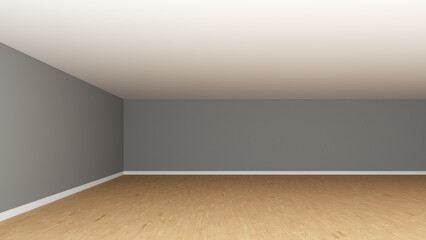 Interior Corner of the Room with Grey Walls, White Ceiling, Wooden Parquet Flooring and a White Plinth. Unfurnished Empty Room Concept, Frontal View. 3D Render, 8K Ultra HD, 7680x4320, 300 dpi