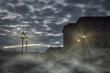 Laternen im Nebel in Stockholm