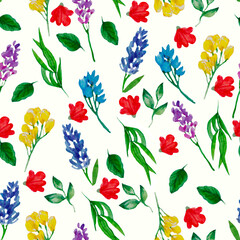 Watercolor hand drawn simple flowers, flourish pattern, different wildflowers, isolated background, red, yellow, purple, botanical backdrop, multicolor flowers, green leaves