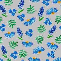 Fototapeta na wymiar Watercolor hand drawn simple flowers, flourish pattern, different wildflowers, grey background, blue camomile, botanical backdrop, multicolor flowers
