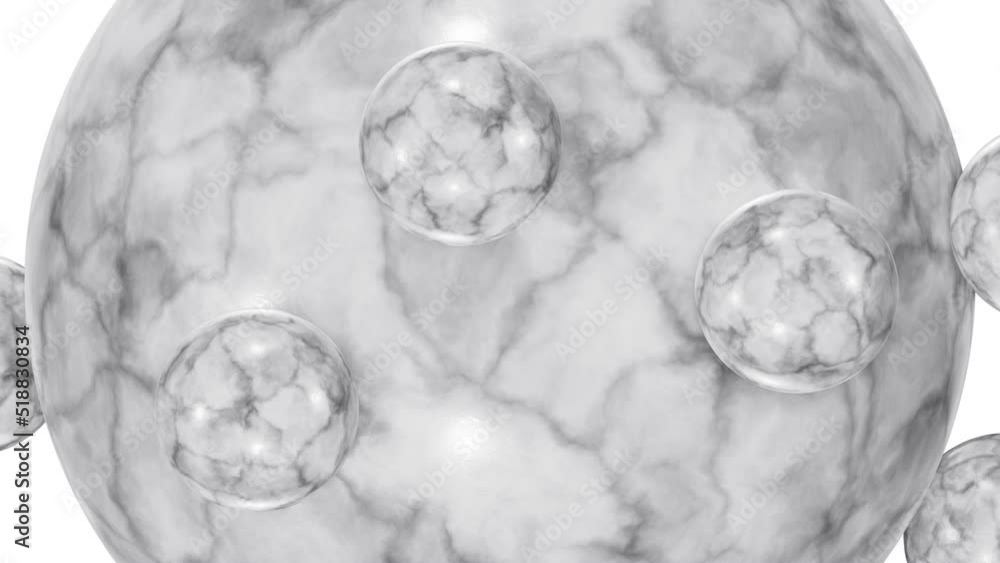 Poster realistic satisfying looping 3d animation of the white marble sphere with orbital rolling small marb