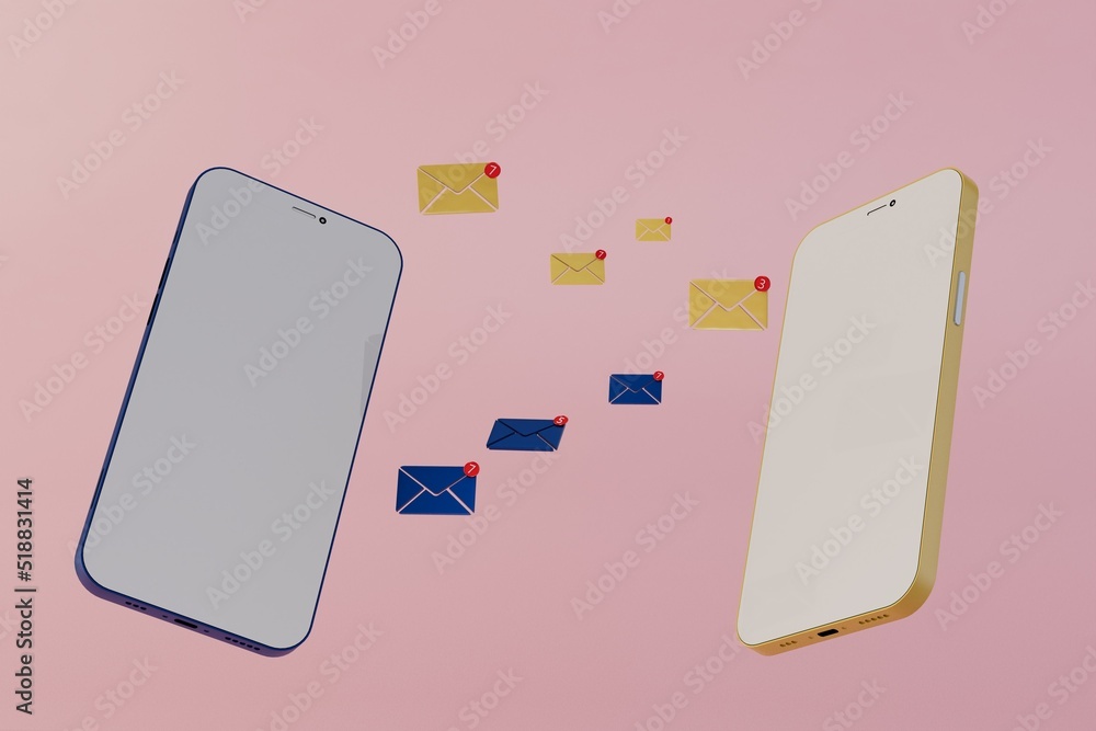Poster email.messaging via smartphone.modern technologies.patterns of yellow and blue envelopes flying betw