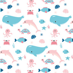 Fototapeta premium Sea life marine fish and animals flat cartoon illustration template. Dolphins and whales, sharks and octopuses, jellyfish and seahorses. Set of cute animals icons isolated on white background.