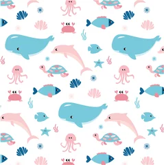 Outdoor kussens Sea life marine fish and animals flat cartoon illustration template. Dolphins and whales, sharks and octopuses, jellyfish and seahorses. Set of cute animals icons isolated on white background. © Ekaterina  Siubarova