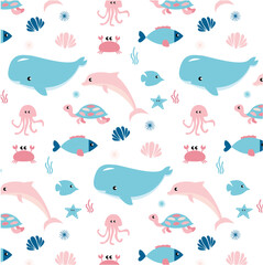 Sea life marine fish and animals flat cartoon illustration template. Dolphins and whales, sharks and octopuses, jellyfish and seahorses. Set of cute animals icons isolated on white background.