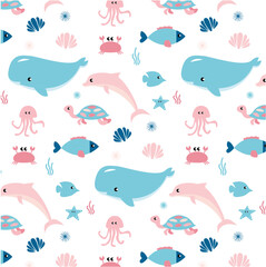 Obraz premium Sea life marine fish and animals flat cartoon illustration template. Dolphins and whales, sharks and octopuses, jellyfish and seahorses. Set of cute animals icons isolated on white background.