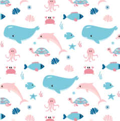 Foto auf Alu-Dibond Sea life marine fish and animals flat cartoon illustration template. Dolphins and whales, sharks and octopuses, jellyfish and seahorses. Set of cute animals icons isolated on white background. © Ekaterina  Siubarova