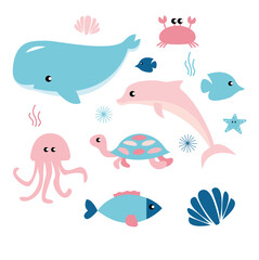 Naklejka na ściany i meble Sea life marine fish and animals flat cartoon illustration template. Dolphins and whales, sharks and octopuses, jellyfish and seahorses. Set of cute animals icons isolated on white background.